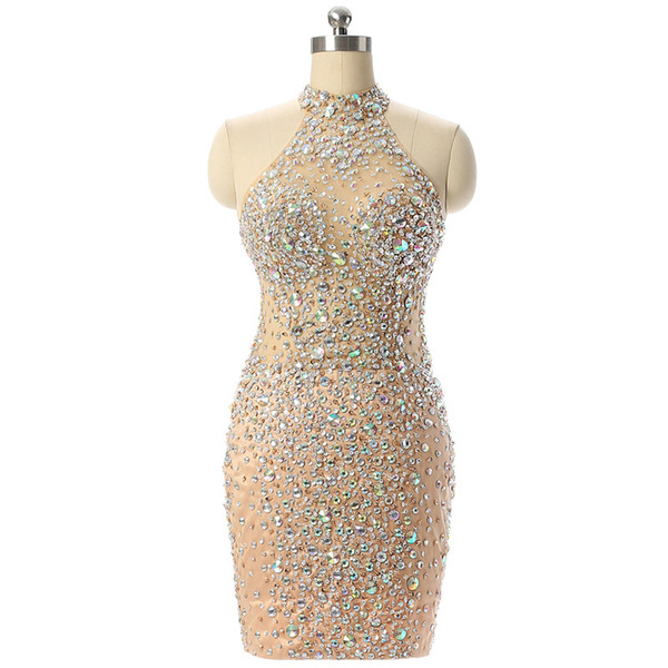 Sparkling Crystal Beads Cocktail Dresses Halter Sleeveless Side Zipper Party Dress Blingbling Beads Sequins Crystal 2018 Sexy Illusion