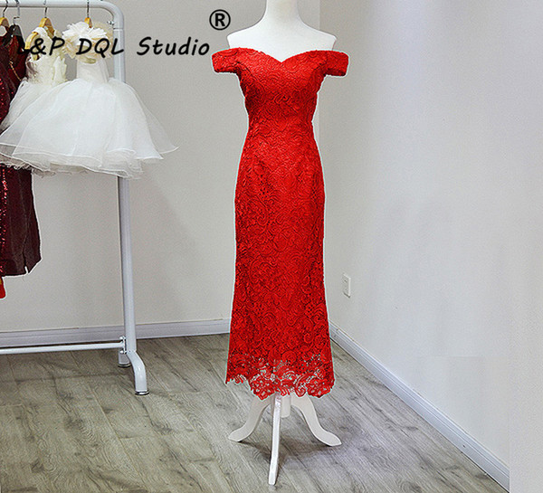 Off Shoulder Lace Cocktail Dresses Tea Length Lace Party Dress Zipper Back Floral Lace Evening Dress Cheap L&P DQL Studio Real Pictures