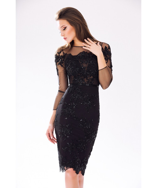 Sexy Black Cocktail Dresses Three Quarter Sleeves Illusion Sheer with Applique Sparkling Beads Sequins Knee Length Party Dresses 2017