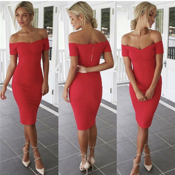 2017 Sexy off Shoulder Red Cocktail Dresses Party Dresses Spandex Cocktail Dresses Zipper Back Cheap