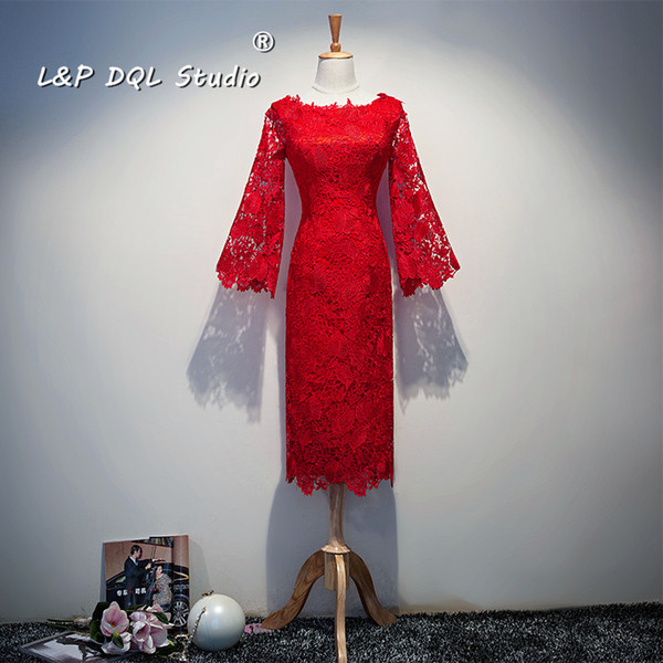 Floral Lace Cocktail Dresses Tea Length Poet Sleeves Red Party Dress 2017 New Arrival Real Pictures L&P DQL Studio Cheap Black,White,Ivory