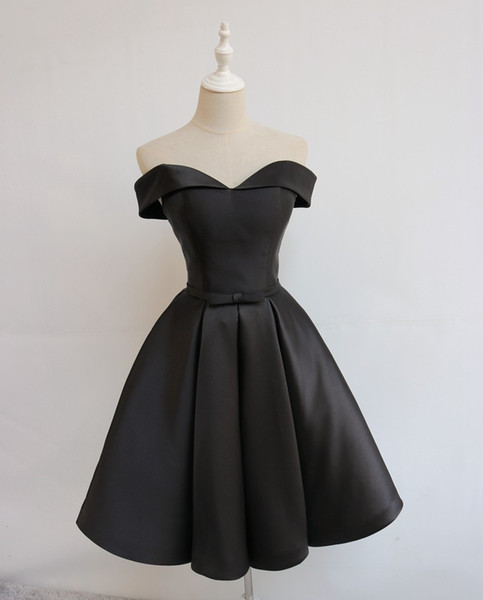 Sexy Black Party Dresses Off Shoulder Satin Knee Length Prom Gowns Lace-up/Zipper Back Cocktail Dresses Real Pictures 2017