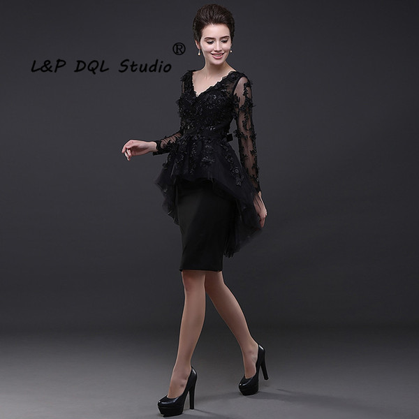 Sexy Black Cocktail Dresses Long Sleeves Backless Summer Party Dresses Sheer with Lace Applique Party Gowns Cheap