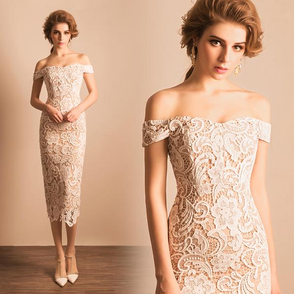 Sexy Cocktail Dresses Off the Shoulder Ivory Lace with Nude Lining Lace Party Dress Tea Length Zipper Back Cheap