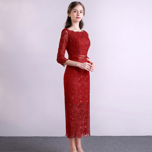 Sexy Lace Cocktail Dresses Dark Red,Red,Cocktail,Royal Blue Applique Beads Scoop Three Quarter SLeeves Zipper Back Tea Length Party Dress