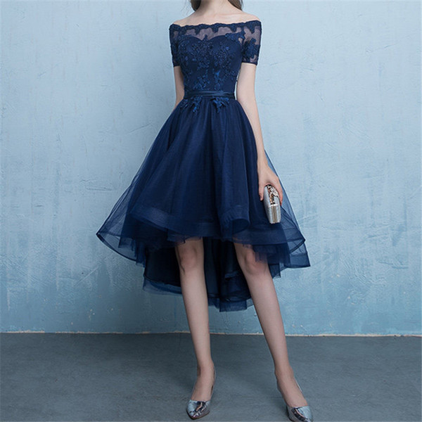 Navy Blue Cocktail Dress Hi Lo Tulle with Applique Short Sleeves Light Gray,Black,Burgundy Party Gowns Cheap Special occassion dresses