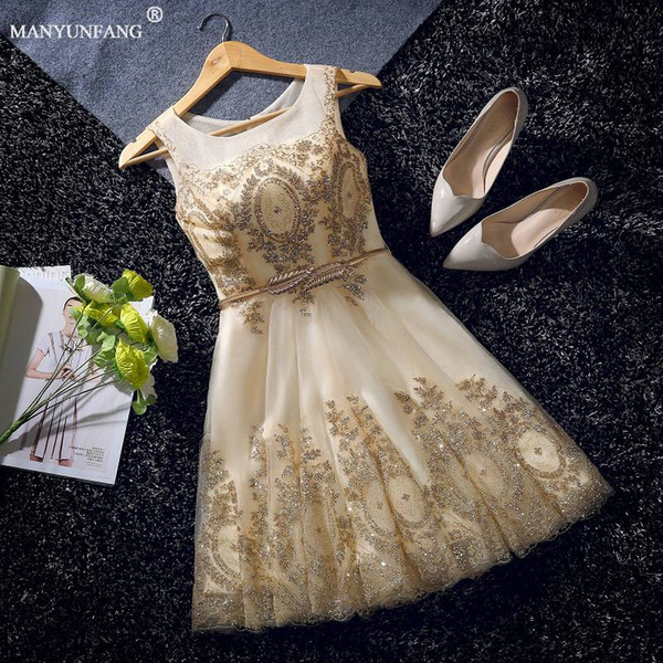 Golden Robe De Soiree Fashion Lace Short Cocktail Dresses Bride Banquet Elegant Embroidery Beading Party Dresses Formal Dress