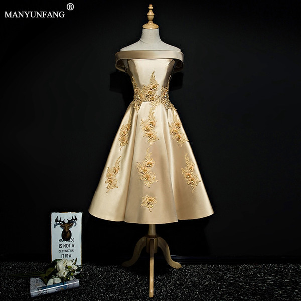 Little Golden Dress Short Party Cocktail Dresses with Capped Sleeves Knee Length Prom Gowns robe de Cocktail Dresses Hand Job Flowers