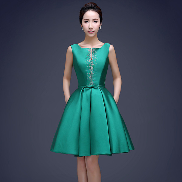 Green Fashion Scoop Neck Ball Gown Cocktail Dress With Beads 2019 Knee Length Party Dress Drop Shipping