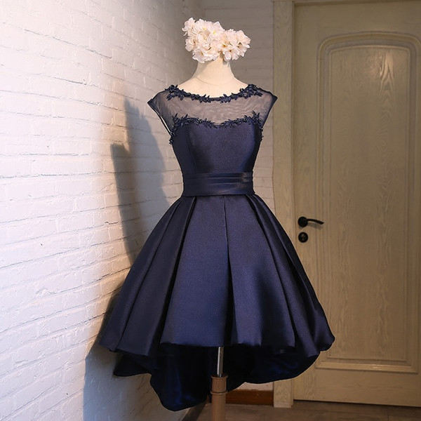 Bateau Neck Satin Ball Gown Cocktail Dresses With Lace 2019 High Low Party Dress Navy Blue Prom Gowns