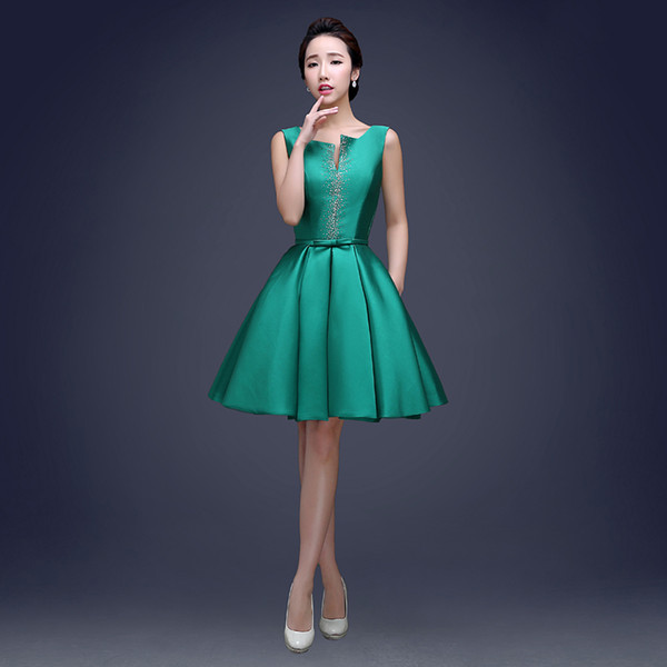 Bateau Neck 395 Satin Short Cocktail Dresses Lace Up 2019 Beaded Knee Length Party Dress Dark Green