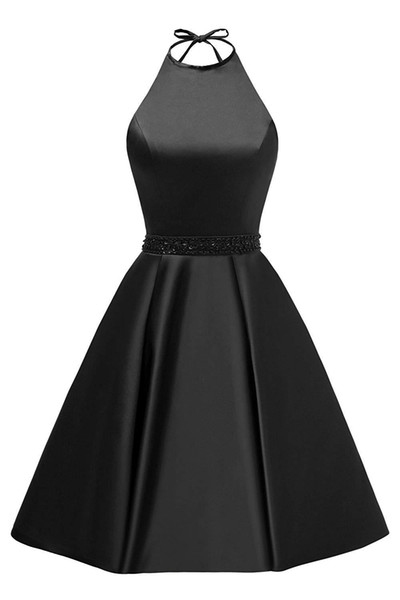 Halter Neck Ball Gown Cocktail Dresses 2019 Knee Length Satin Party Dress Beaded Short Prom Gowns