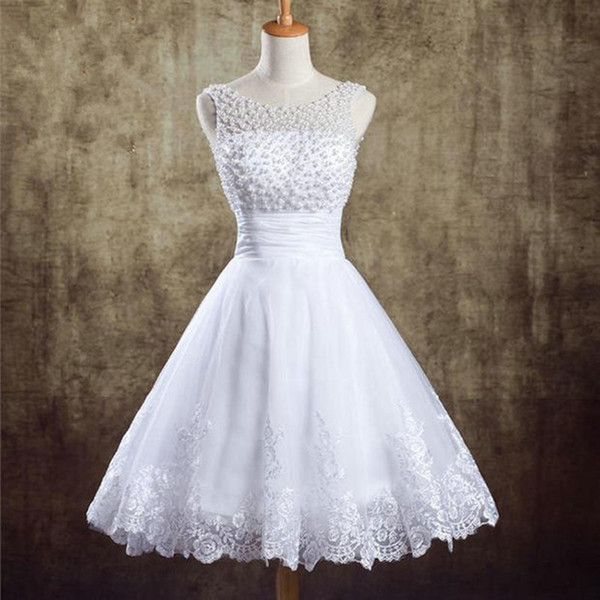 New Lace Tulle Ball Gown Cocktail Dress With Pearls Short Scoop Neck Party Dress Elegant