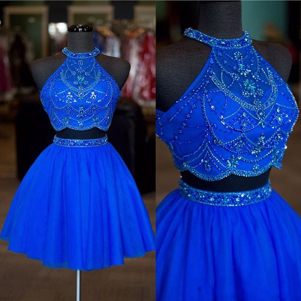 Royal Blue Sexy Backless Halter Cocktail Dresses Sequins Beaded 2 Pieces Girls Homecoming Dress Short Prom Party Gown