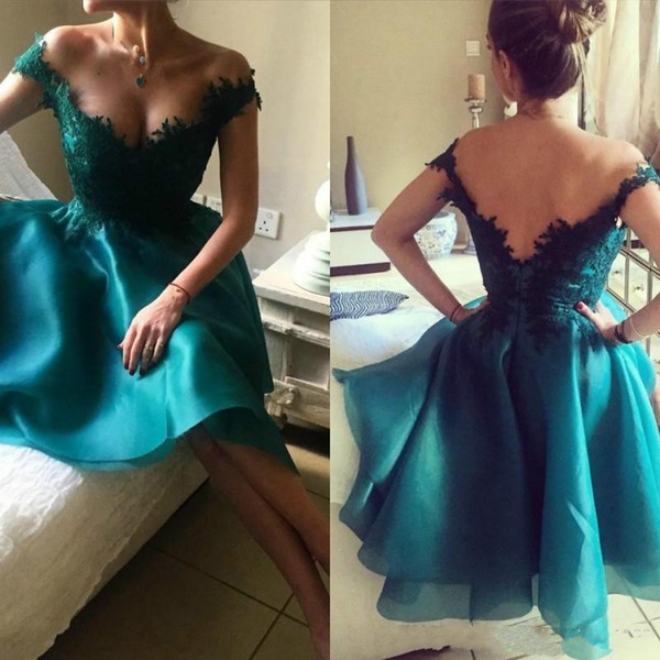 Hunter Green Off Shoulder Cocktail Dresses Sexy Deep V Neck Cut Back Lace Appliques Women Formal Gown Mother Dress