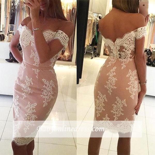 Blush Pink Knee Length Cocktail Dresses Off Shoulder Lace Appliques Girls Homecoming Dress Short Prom Party Gown