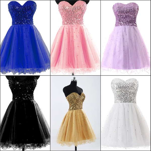 Elegant Short Ball Homecoming Dresses Gold Black Blue White Pink Sequins Sweetheart A Line Short Cocktail Party Prom Gowns 100% Real Image