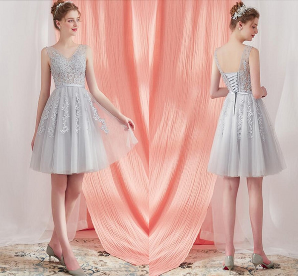 Cheap Short Cocktail Dresses Silver Gray Blue Homecoming Dresses A Line V Neck Tulle Appliques Beaded Prom Gowns With Lace-up Back HY1332