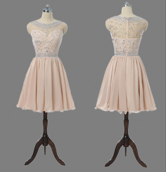 Champagne Prom Dresses A-line Cap Short Sleeves Mini Crystals Elegant Organza Molded Cocktail Party Dresses HY378