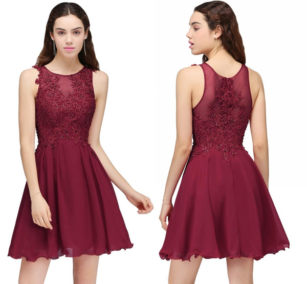 Burgundy Lace Beaded A Line Chiffon Short Homecoming Dresses Cocktail Party Dresses For Young Girls Jewel Neck Cheap Graduation Gowns HY208