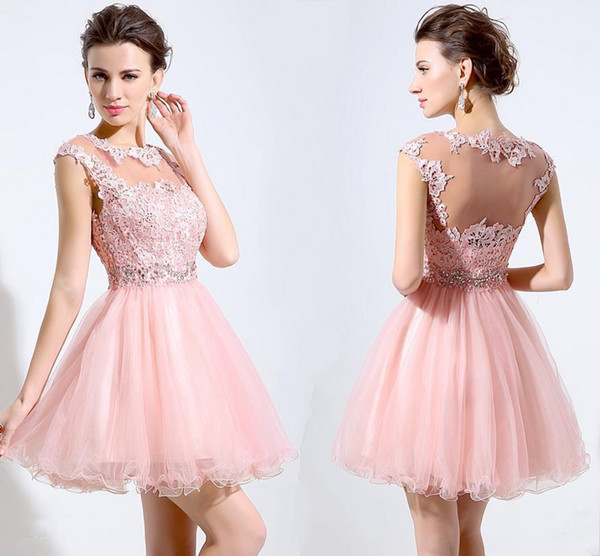 Hot Sale Pink Short Homecoming Dresses Lace Appliques Beaded Waist Sleeveless Illusion Back Tiers Tulle Form Occasion Cocktail Dresses DH454