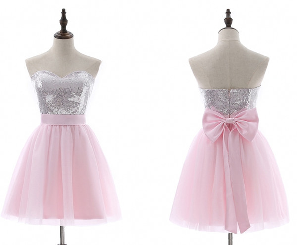 Pink Party dresses a-line Short-Sleeve Mini Tulle Sequins Elegant Backless Bow Cocktail Dresses Plus Size Prom Dresses HY378