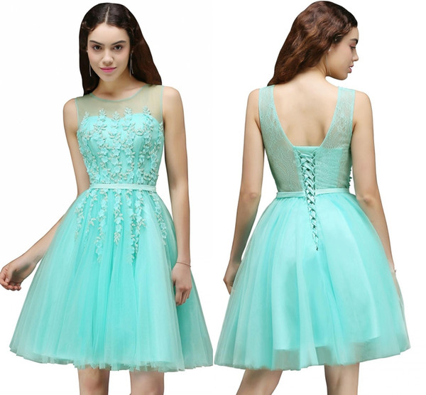 New Hot Mint Green Tulle Short Prom Homecoming Dresses Sheer Jewel Neck A Line Knee Length Cocktail Dresses With Lace-up Back HY207