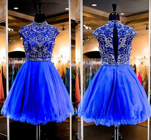 Gorgeous Royal Blue Homecoming Dresses Tulle Beaded High Neck Prom Dresses Cap Short Sleeves Short Party Cocktail Gowns DH4057