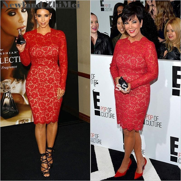 Red Carpet Celebrity Dress Kim Kardashian Knee Length Cocktail Dresses Lace Long Sleeves Prom Party Gown Custom Made