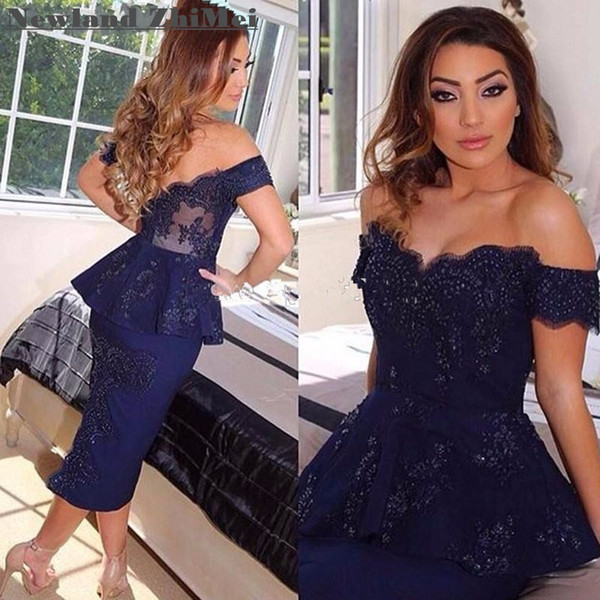 Sexy Tea Length Cocktail Dress Navy Blue Off the Shoulder Appliqued Woman Party Gowns Dresses 