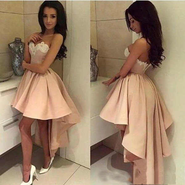 new Champagne strapless cocktail dresses appliques backless short evening dresses hi-low sexy mini prom gowns