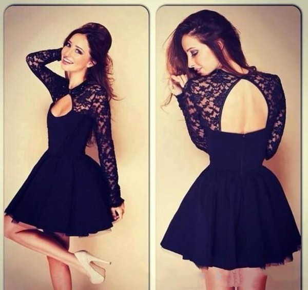 new short cocktail dresses sexy long sleeve black prom dresses open back mini lace party wear