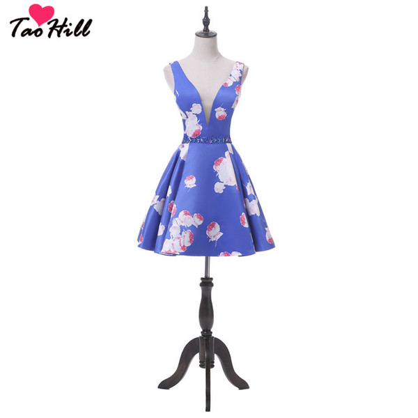 TaoHill Cheap Deep V-neck 3D Print Flower Cocktail Dresses Blue Party Gown Mini Special Occasion Dress