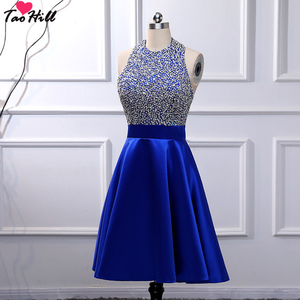 TaoHill Crystal Beads Cocktail Dress Royal Blue Halter A-line Beading Open Back Evening Party Dress