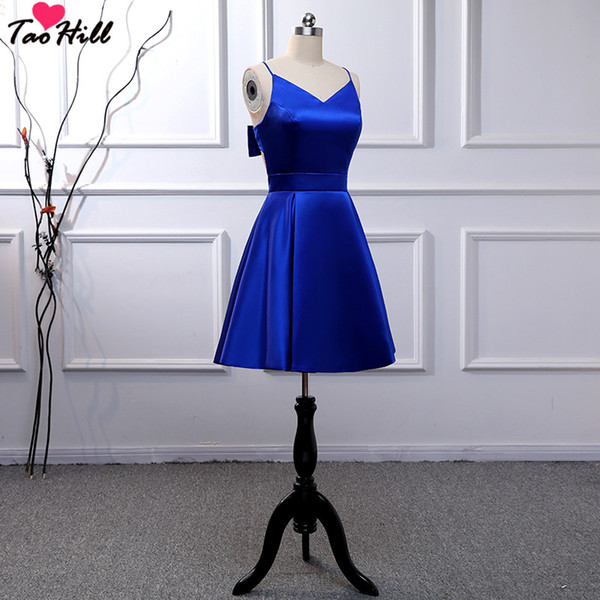 TaoHill Cheap Cocktail Dress Satin Dress A-line V-neck Spagheti Neck Bow Back Short Mini Royal Blue Evening Party Dress