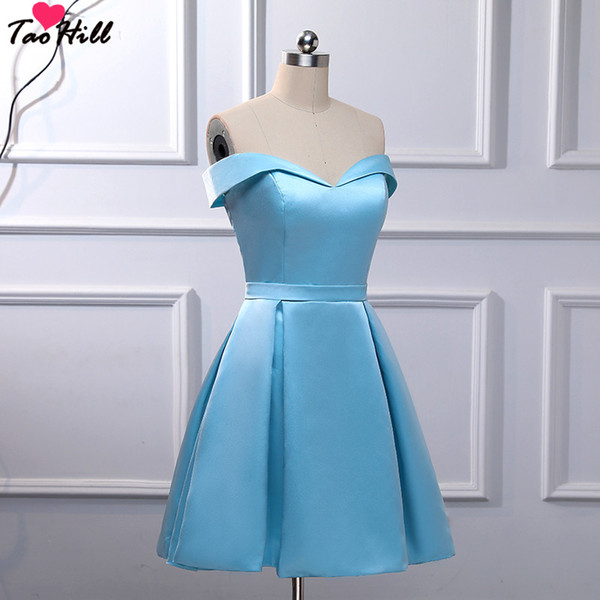 TaoHill Satin A-line Off Shoulder Waist Band Short Mini Cheap Blue Cocktail Dress