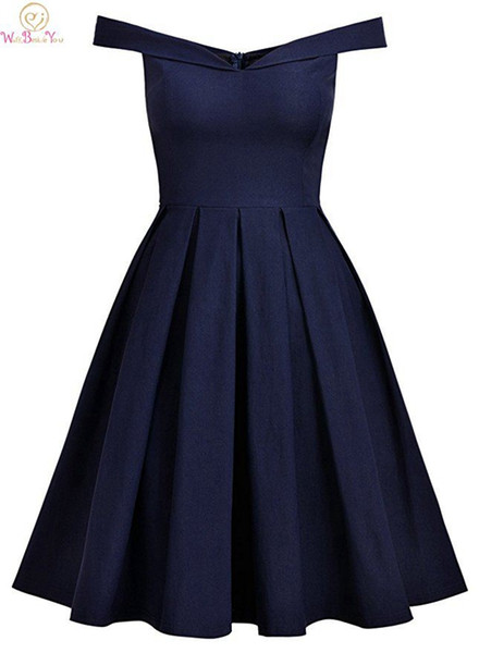 Navy Blue Cocktail Dresses Simple Pleat Tiered Satin Off Shoulder Knee Length Sweetheart Neck A-line New Prom Party Dresses