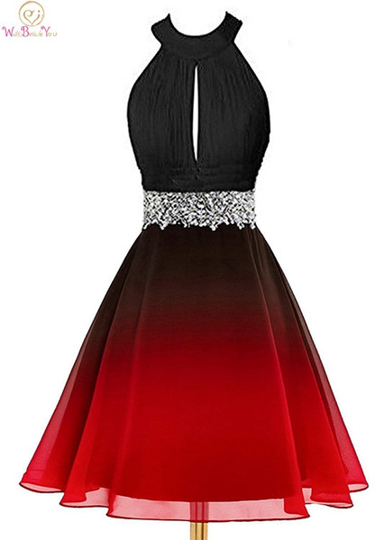 Red Short Cocktail Dresses New Halter Pleat Contrast Color A-line Lace-up Back Sleeveless Knee Length Crystals Party Gown