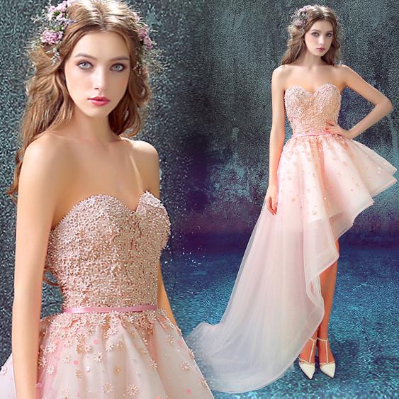 100% Real Images Elegant Pink Cocktail Dresses Asymmetrical Side Long Short Party Lace Sequin Tulle Dresses Party Formal Gowns