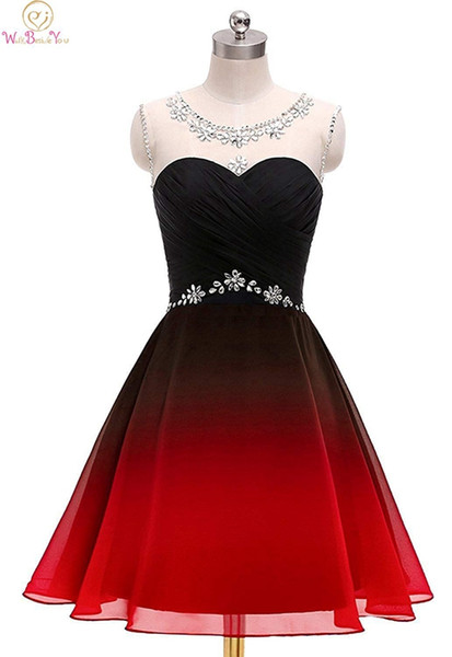 Red And Black Cocktail Short Dress Above Knee Mini Sleeveless O-neck A-line Beading Crystals Sequined Contrast Color Party Gown