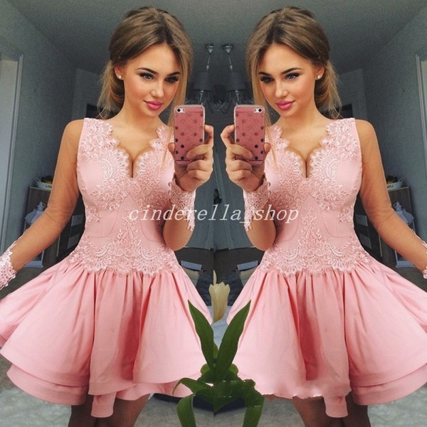 Arabic Blush Cocktail Dresses V Neck Long Sleeve Illusion Bodice Short Appliques Homecoming Prom Party Gowns Vestidos De Fiesta