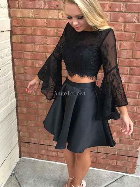 Fashion Two Pieces Cocktail Dresses A Line Jewel Neck Long Sleeve Lace Appliqued Beading Mini Short Formal Homecoming Dress Custom Made