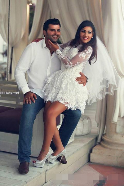 Lace Cocktail Dresses Beach Short Lace Long Sleeve Sheer Back A-Line Sexy Saudi Arabia Short Bridal Gowns for Party Dresses 23