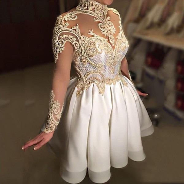 2017 High Collar Ball Gown Cocktail Dresses Mini Sheer Neck Appliqued Sexy Illusion Long Sleeves Backless Prom Gowns