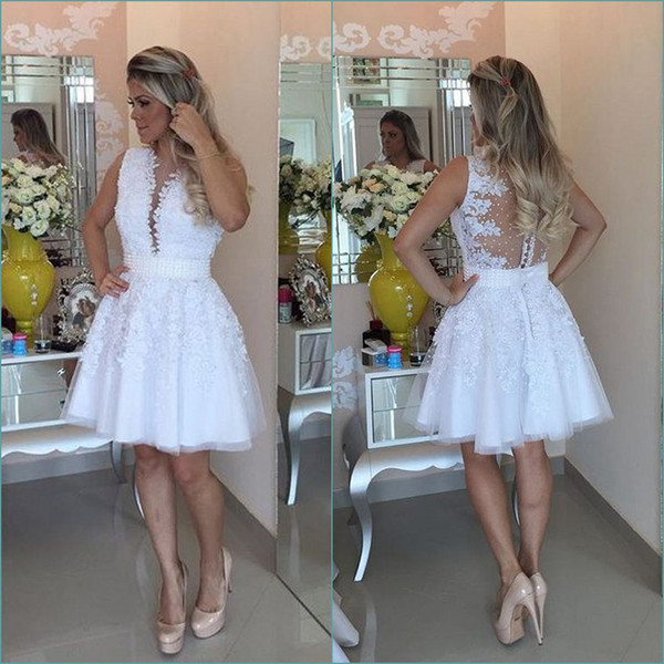 Little White Knee Length Cocktail Dresses Sexy Rhinestone Pearls Party Prom Gowns Sheer Illusion Bodies Cheap Women Celebrity Short Dresses