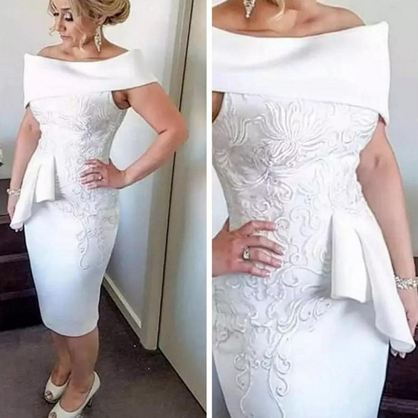 White Stunning Embroidery Applique Knee Length Cocktail Dress Sheath Off-shoulder Peplum Short Prom Mother Dress