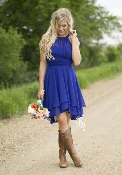 Custom Colored Cocktail Dresses Country Westen Ruched Chiffon Short Bridesmaid Dresses Knee Length maid of honor dresses Match Cowboy Boots