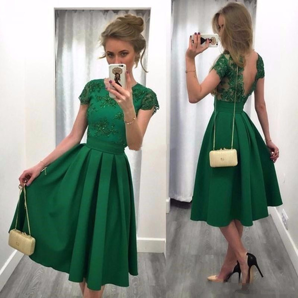 Hot Sale Green Short Cocktail Party Dresses Tea Length A-Line with Short Sleeve Open Back Sequin Lace 2017 Women Bridesmaid Dress Prom Gowns