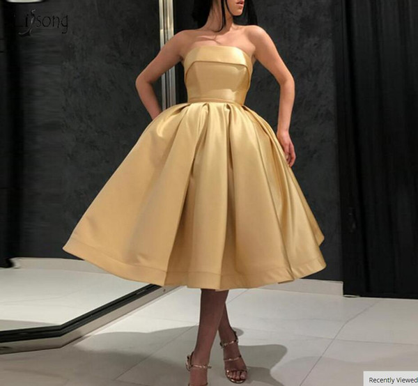 Simple Puffy Tea Length Homecoming Dresses Cheap Light Gold Off Shoulder Prom Gowns Plus Size Fashion Cocktail Dresses