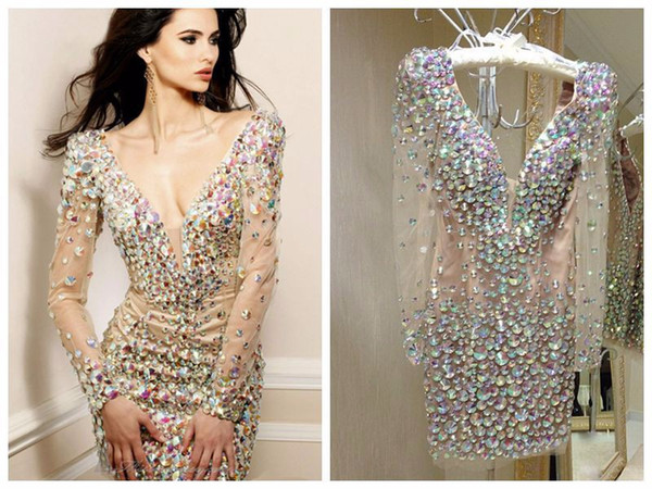 Bling Rhinestone Cocktail Dresses Party Gowns Sexy Deep V Neck Long Sleeve Short Prom Dress Special Occasion Dresses for Women Real Image